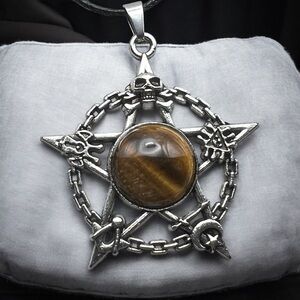 New Skull Pentagram Gothic 5 Point Star Tigers Eye Gemstone Pendant w Black Cord